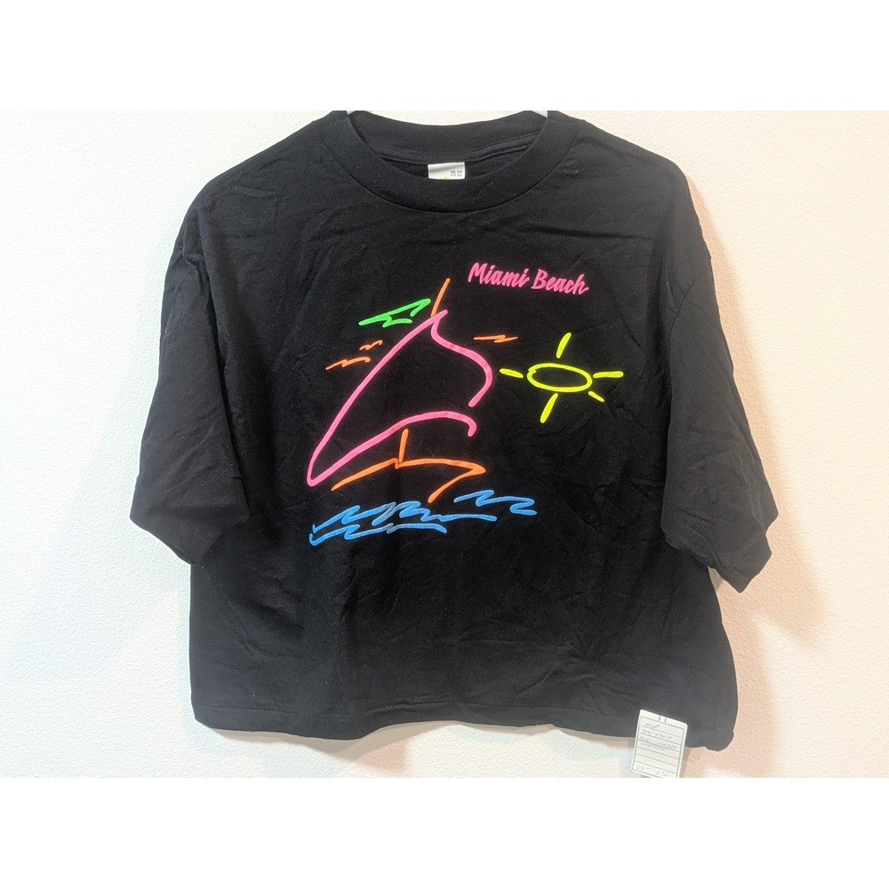 Vintage MSP Shirt Womens Black Miami Beach Neon Cropped Tee 80s Puffy Print